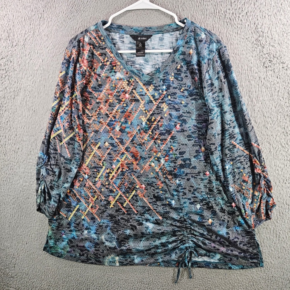 Ali Miles Womens XL Blue Abstract Geometric V-Neck Ruched Drawstring Top